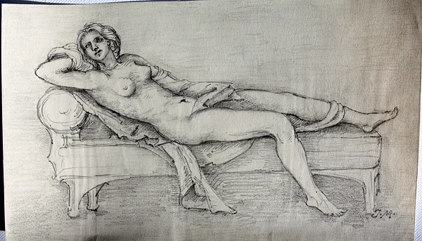 Akt Nackte Frau mit Tuch Auf Griechischer Liege Zeichnung