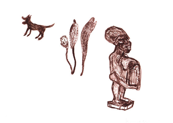 Expressionistische, afrikanische Figur mit Hund und Pflanze
